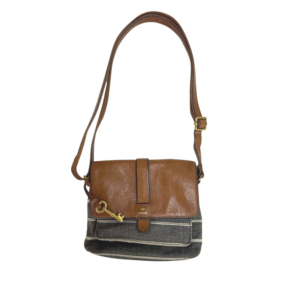 Fossil Kinley Crossbody Bag w/Key Brown Leather Blue Striped Canvas Small Boho